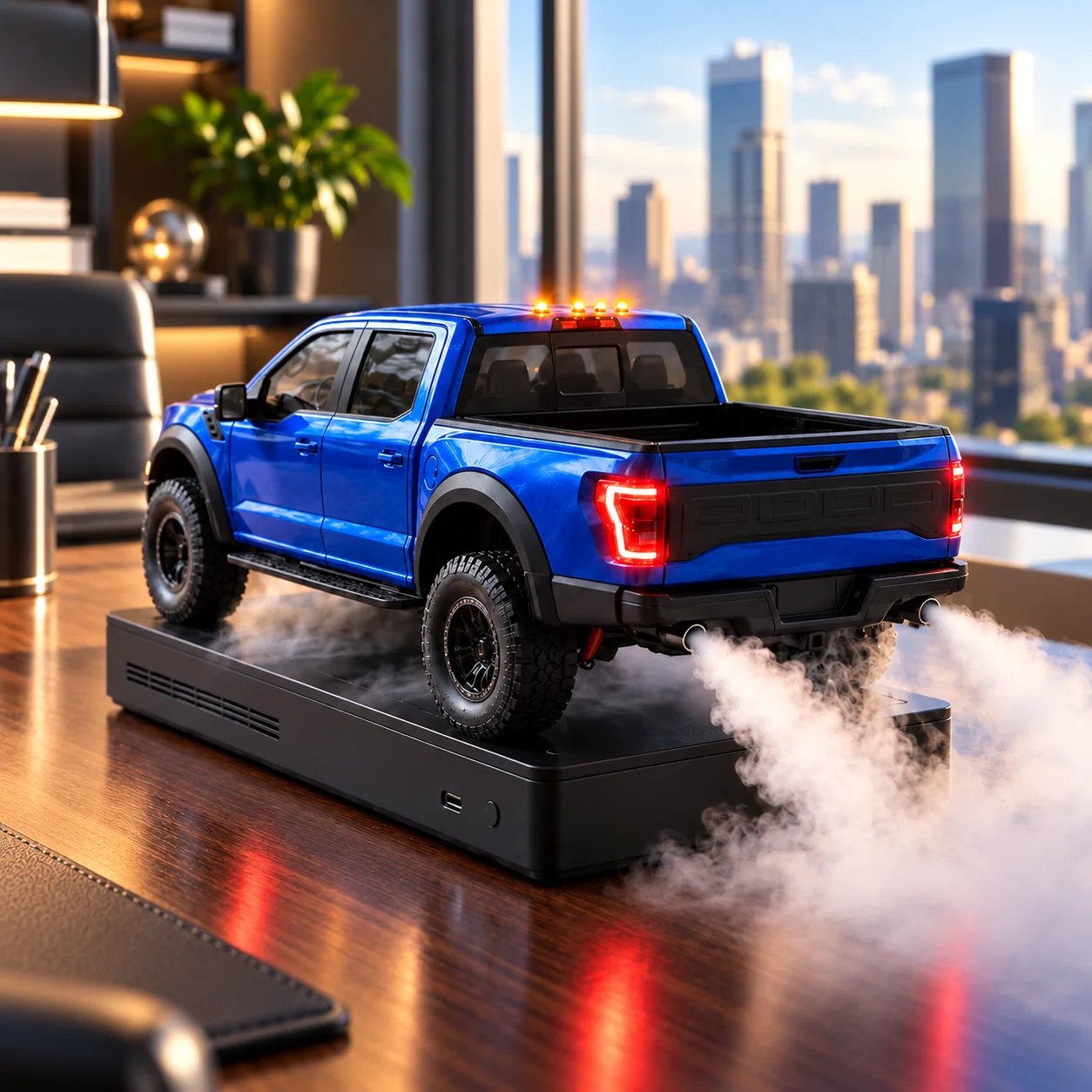 Blue pickup truck humidifier on modern office desk