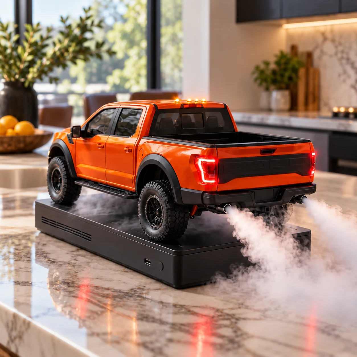 Orange LED pickup humidifier displayed on a kitchen counter
