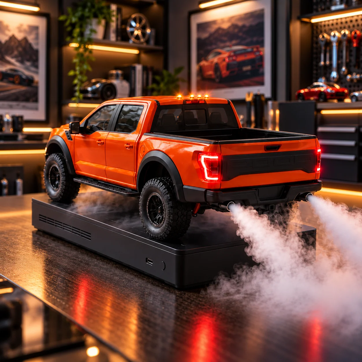 Orange truck humidifier displayed in an automotive themed room