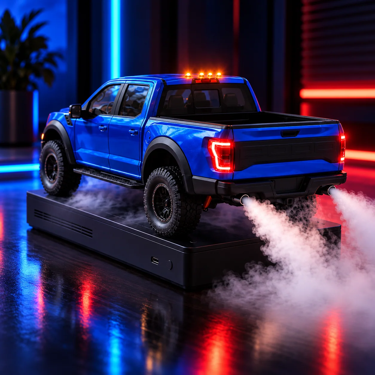 Blue LED pickup truck humidifier in neon illuminated environment