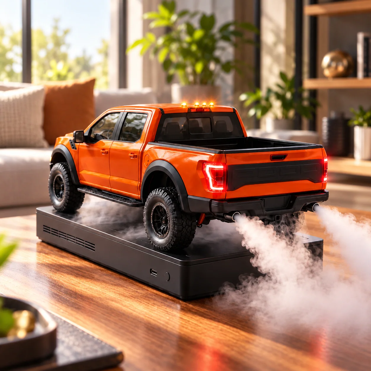 Orange pickup truck humidifier styled on a living room table