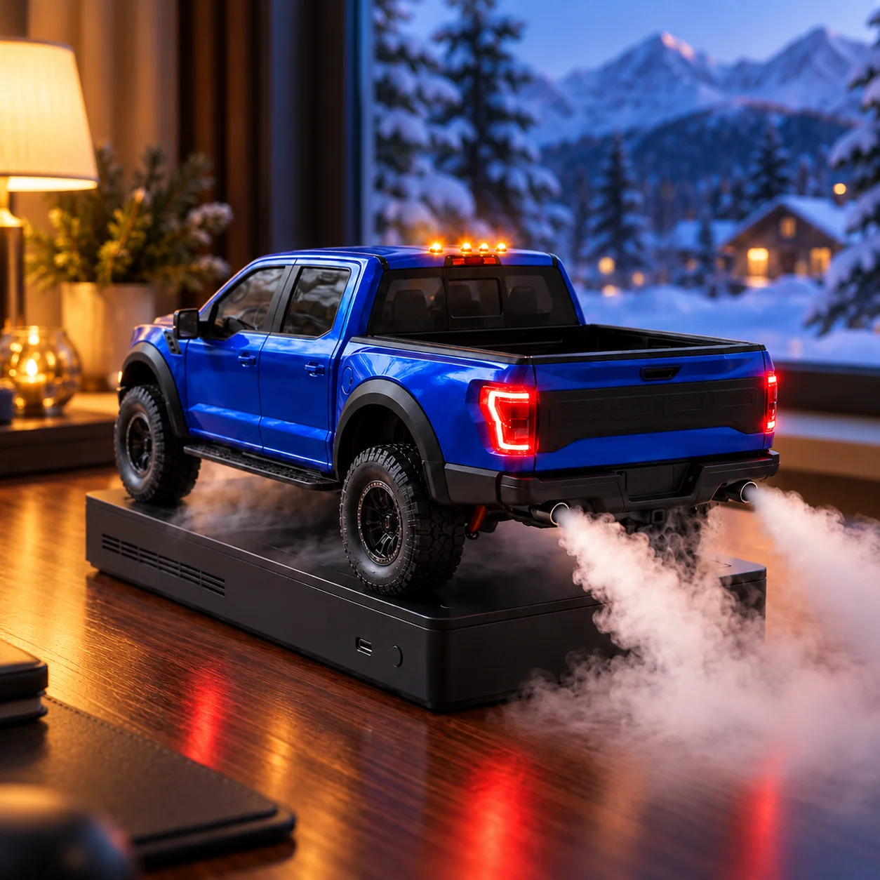 Blue pickup truck humidifier with decorative mist in a cozy room