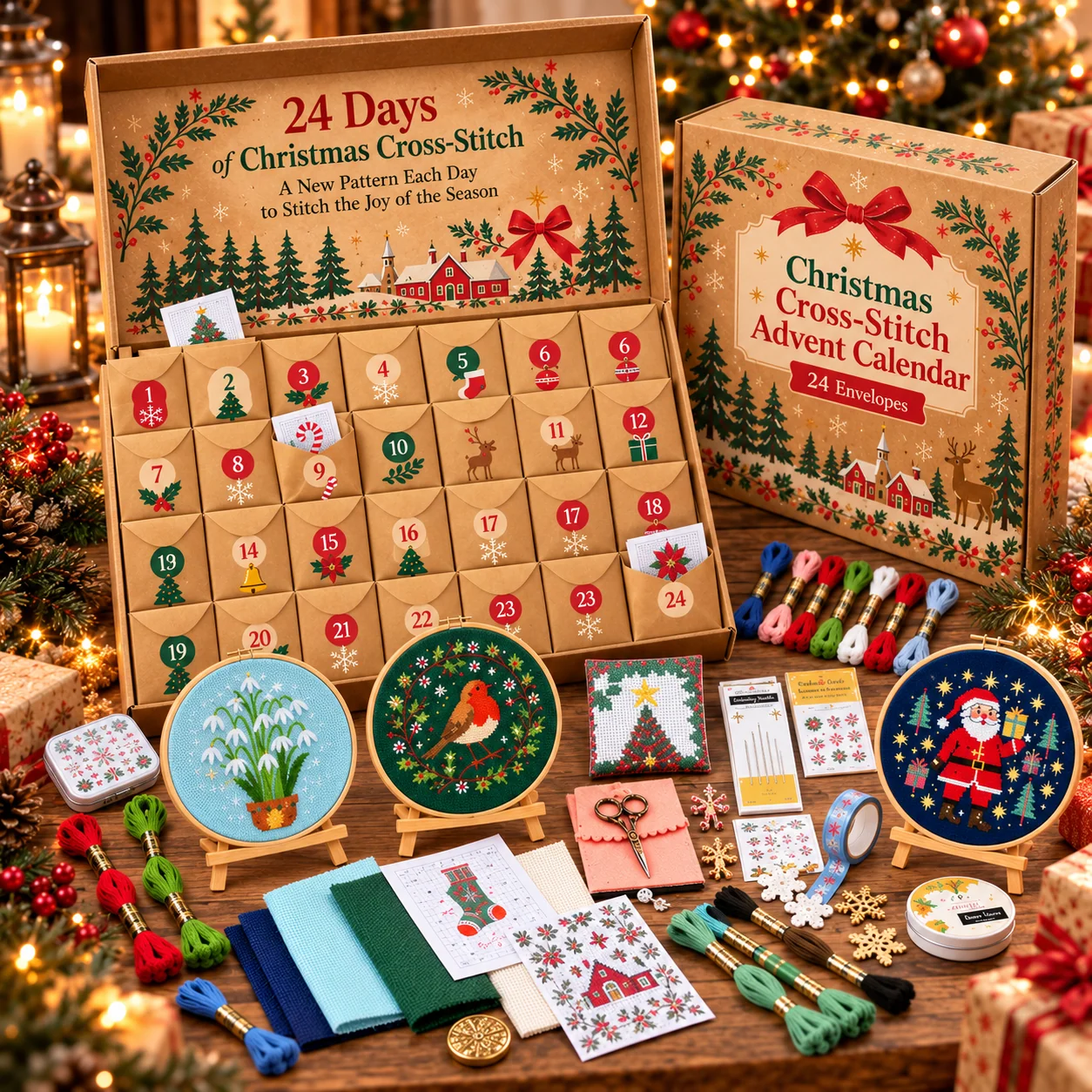 24-Day Christmas Cross-Stitch Advent Calendar with numbered kraft envelopes, festive patterns, colorful embroidery floss and stitching supplies