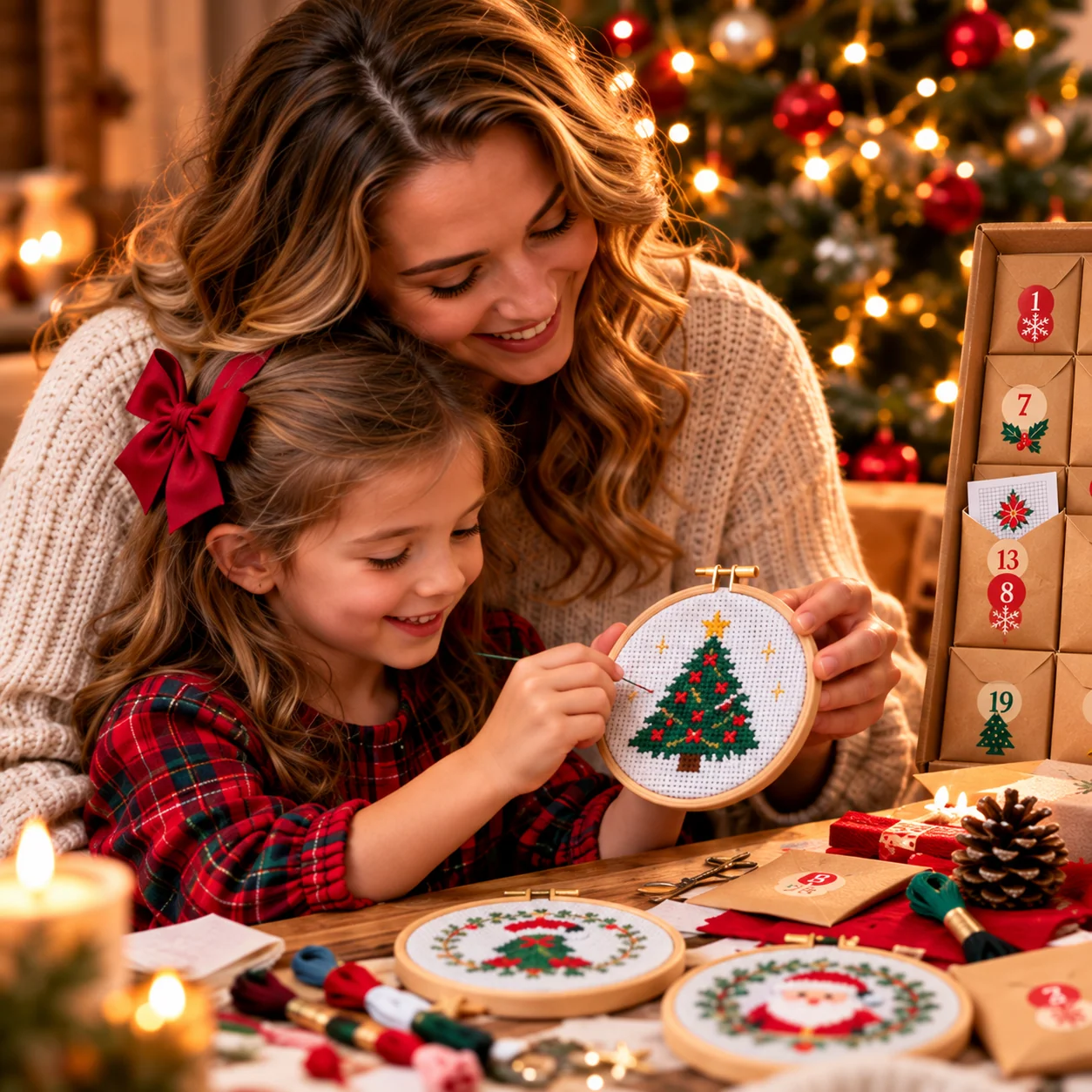 Mother and daughter enjoying festive Christmas cross-stitch embroidery at home