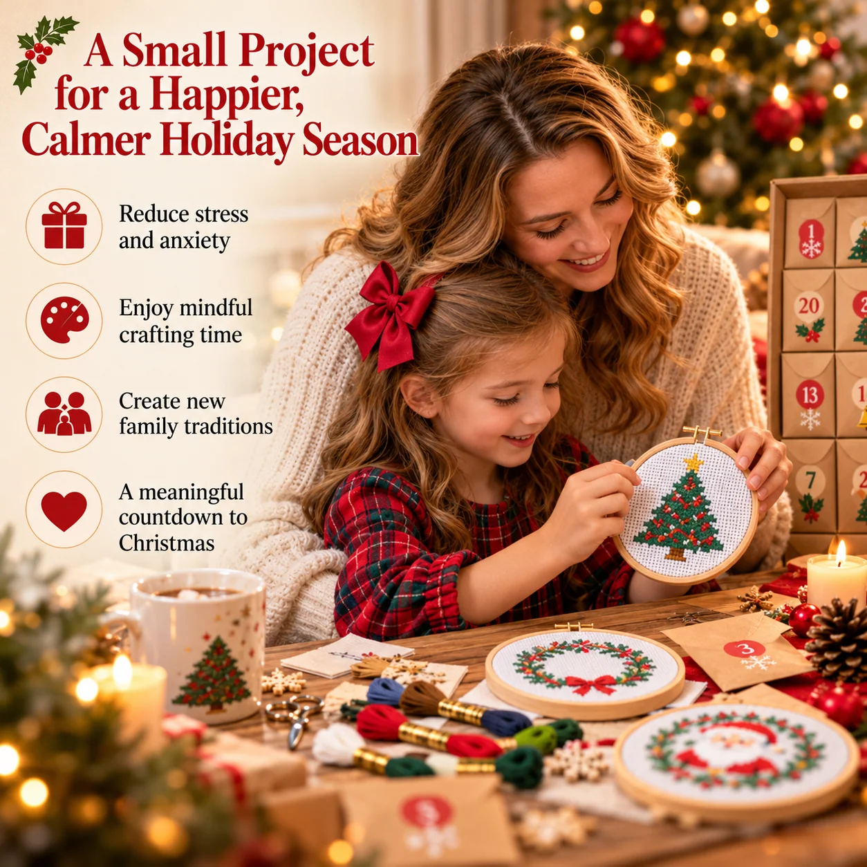 Woman and child sharing a relaxing Christmas cross-stitch craft activity with festive embroidery hoops