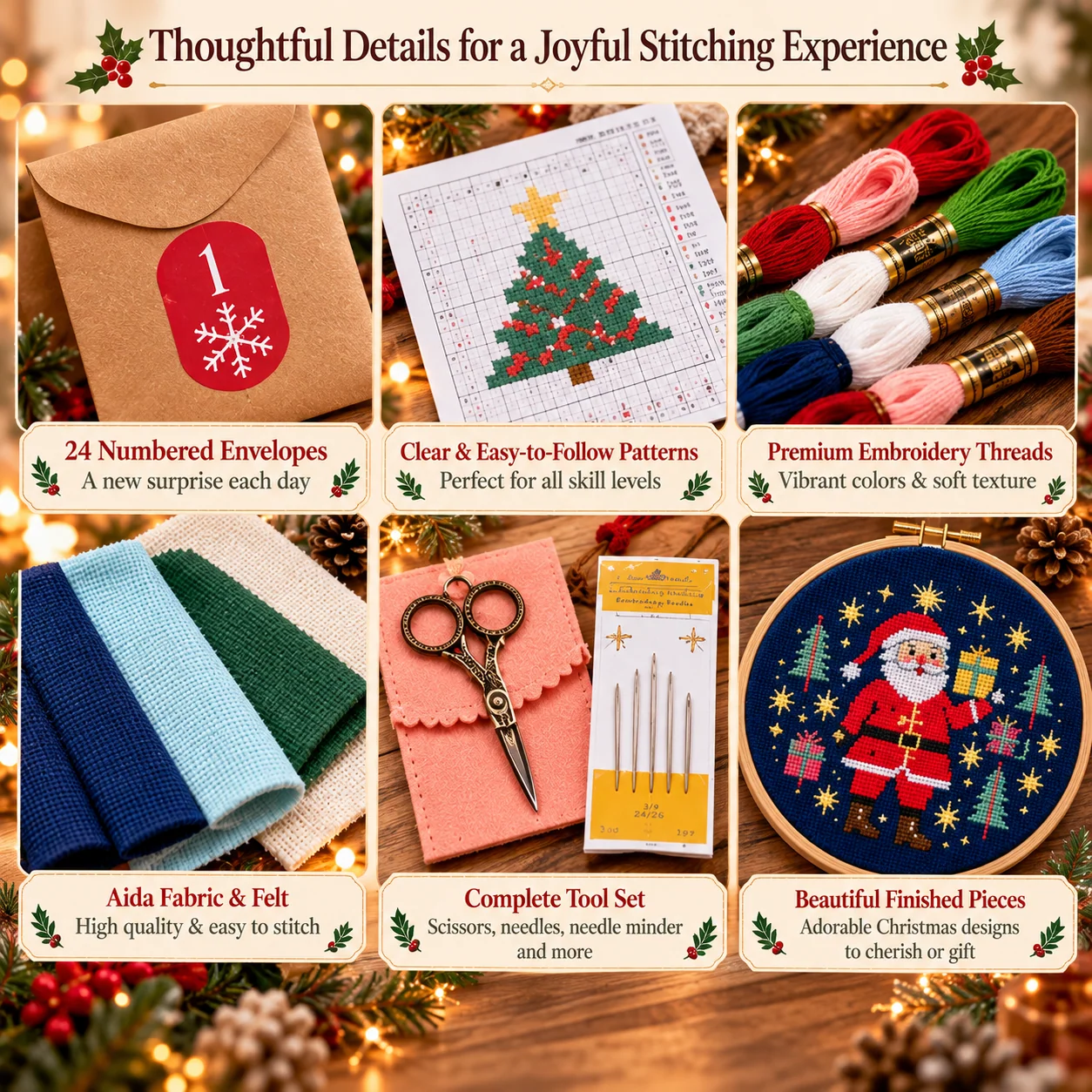 Close-up of numbered Christmas cross-stitch envelopes, pattern chart, embroidery thread, Aida fabric, needles, scissors and completed Santa embroidery