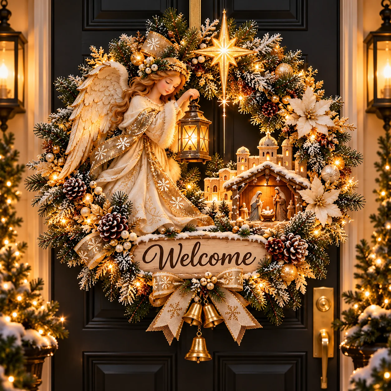 Angel Bethlehem Welcome lighted Nativity wreath displayed on a black Christmas front door at night