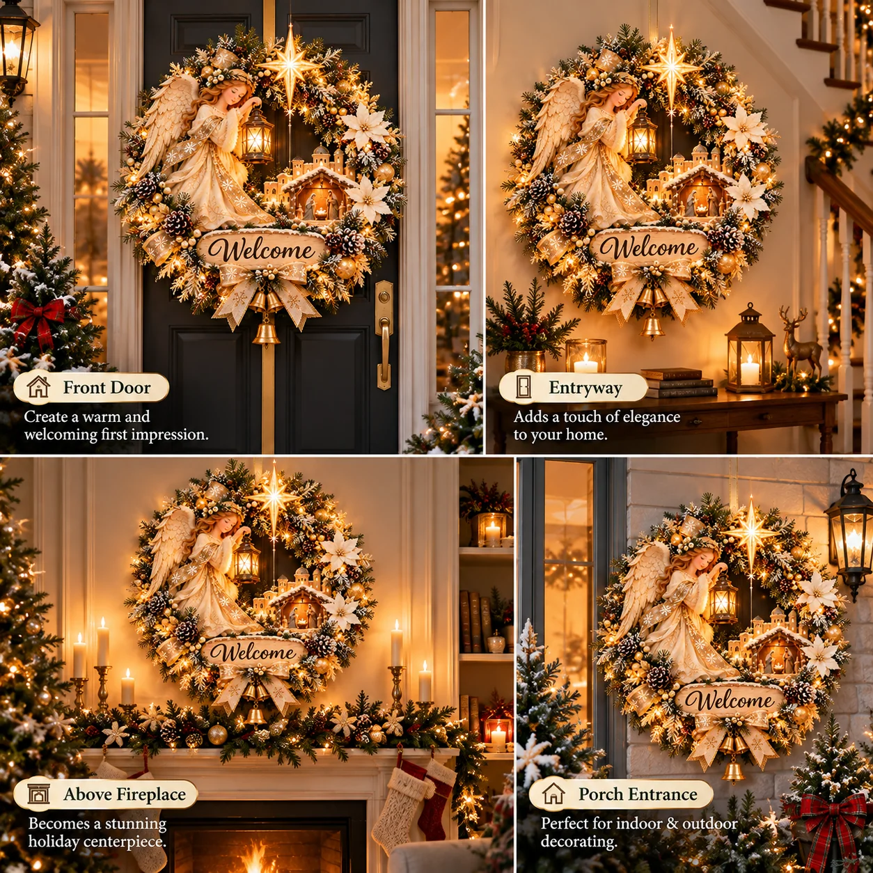 Angel Bethlehem Christmas wreath shown at front door, entryway and fireplace scenes