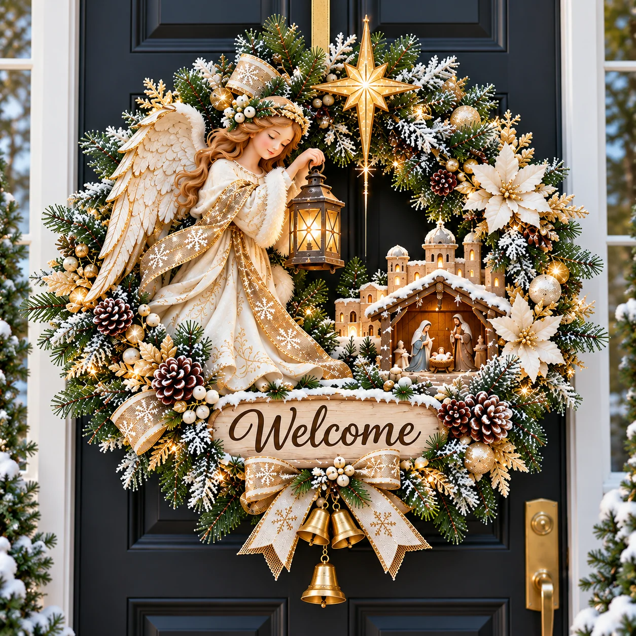 Daytime view of Angel Bethlehem Welcome Nativity wreath on front door
