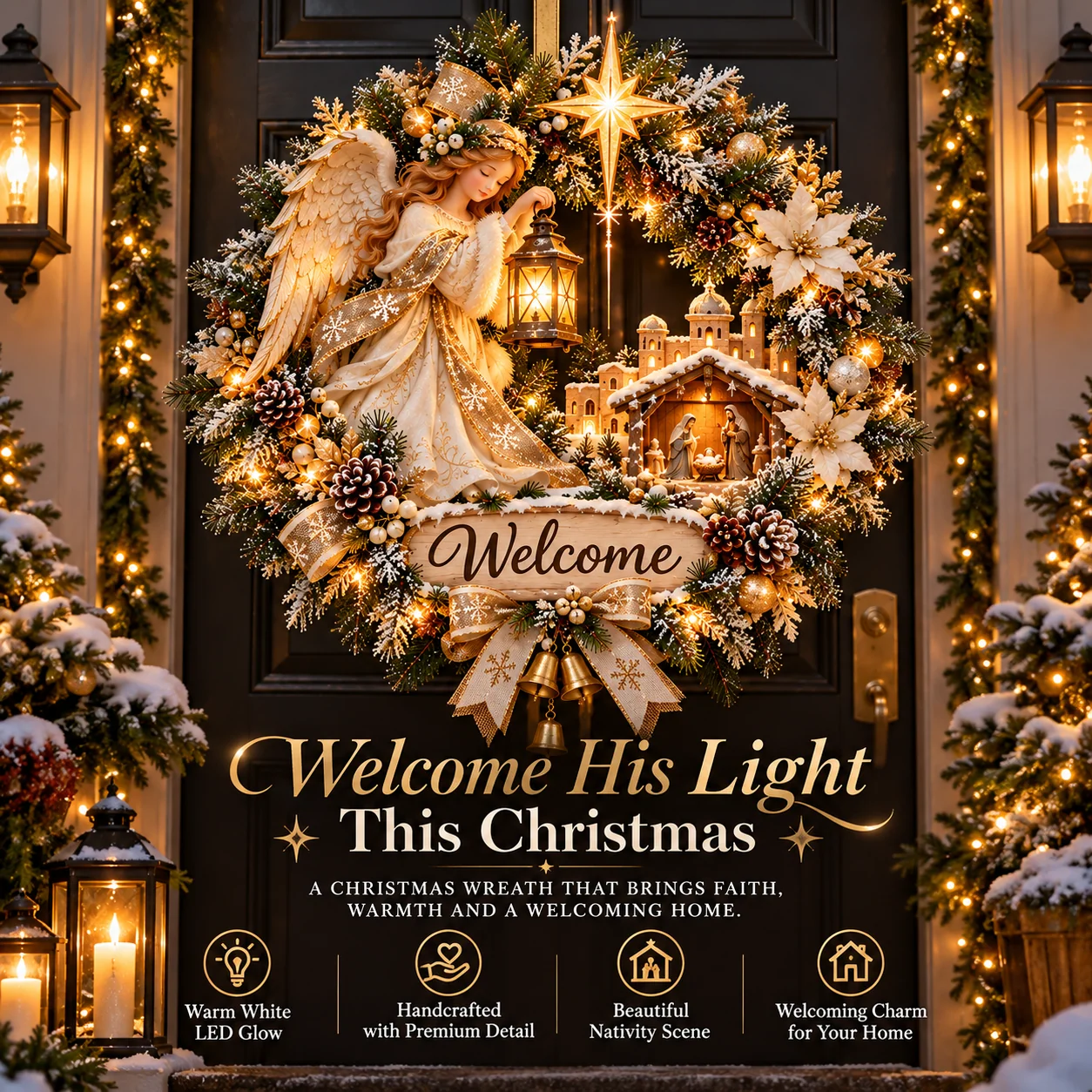 Welcome His Light This Christmas angel wreath displayed on a warmly lit front door