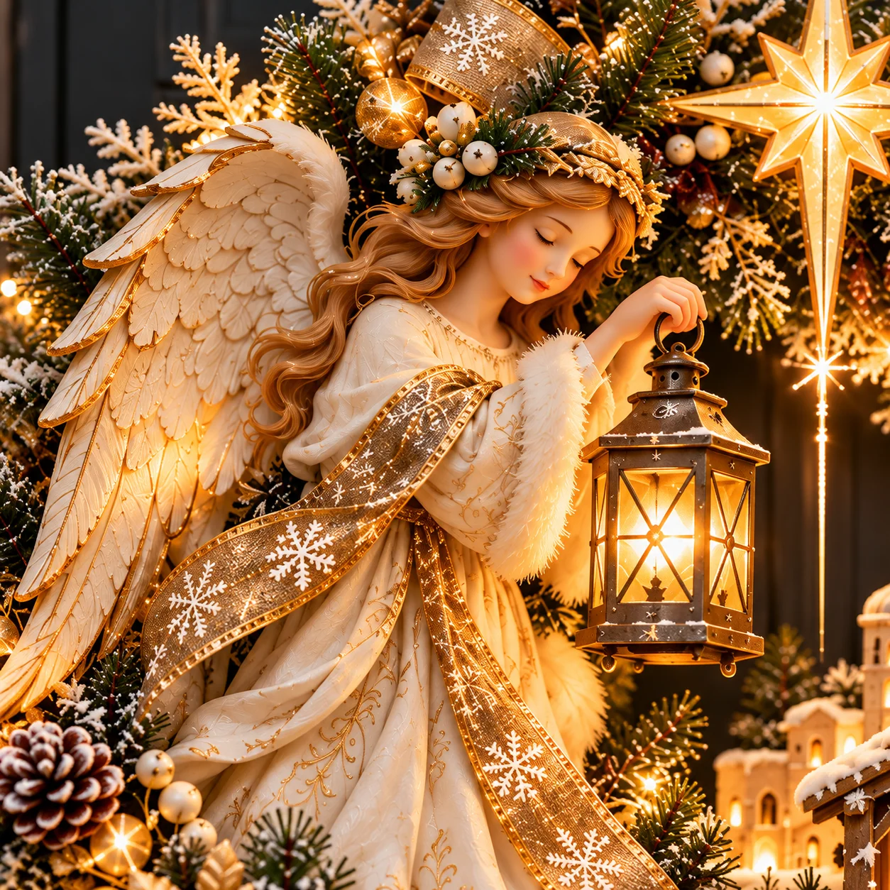 Close-up of angel's golden wings and glowing lantern on Nativity wreath