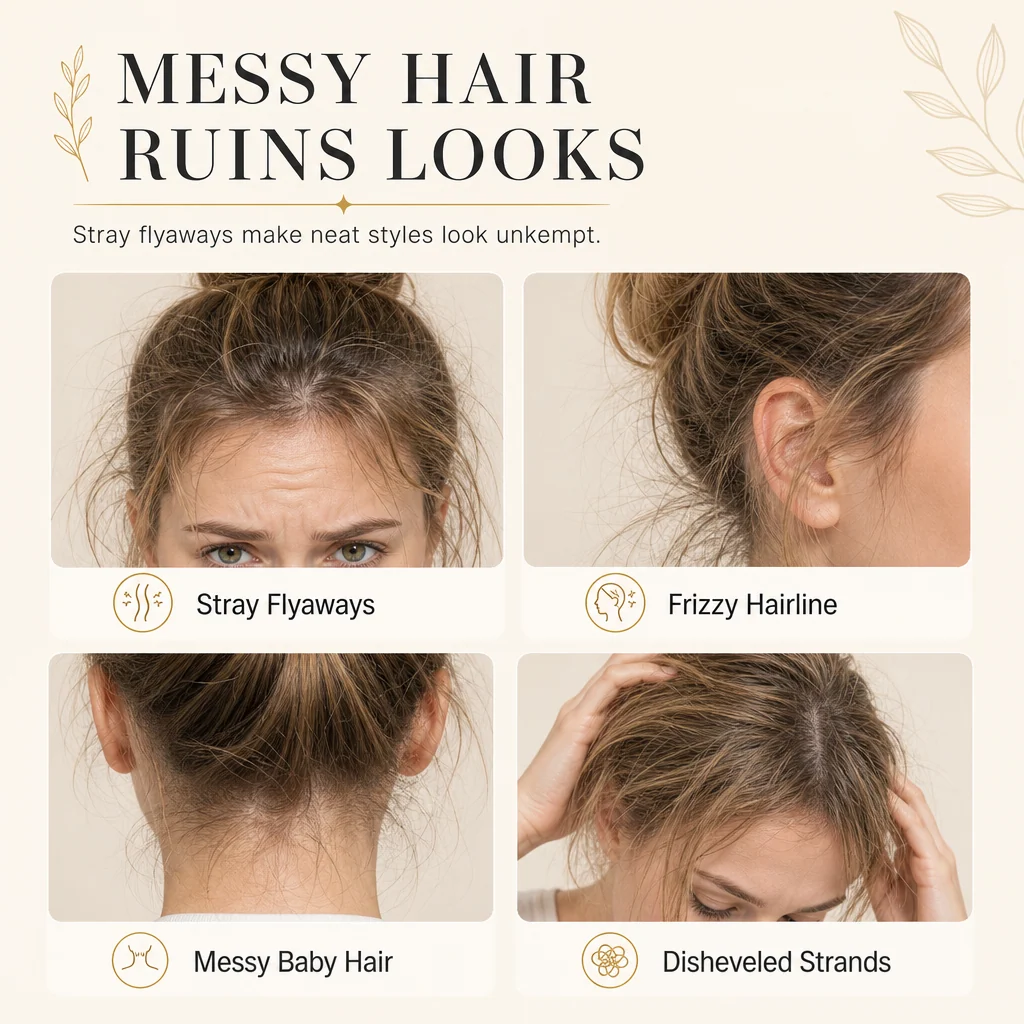 Unruly baby hairs and flyaway strands creating a messy hairstyle before styling