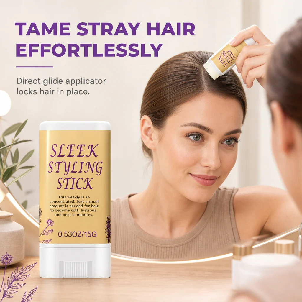 Flyaway hair wax stick smoothing stray baby hairs for a polished hairstyle