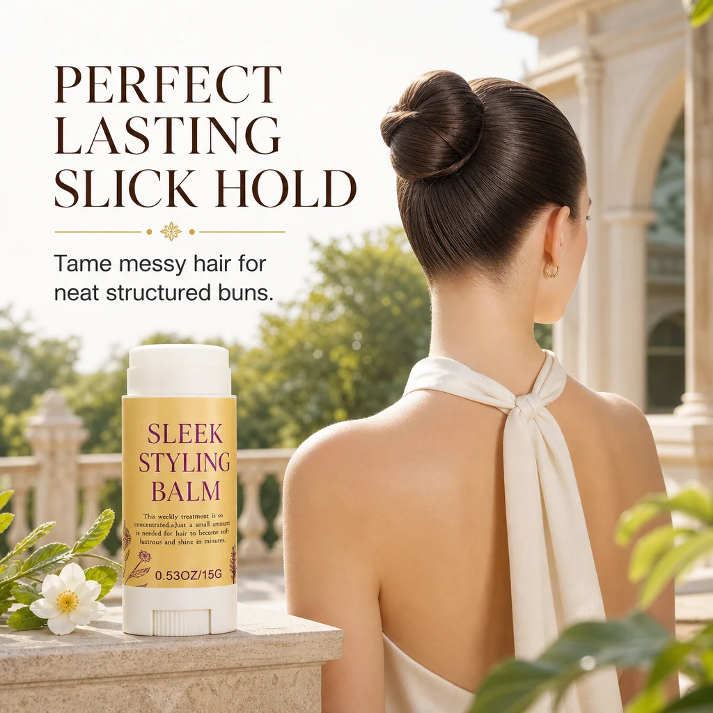 Long-lasting hair styling stick holding fine flyaway hairs in a smooth polished position