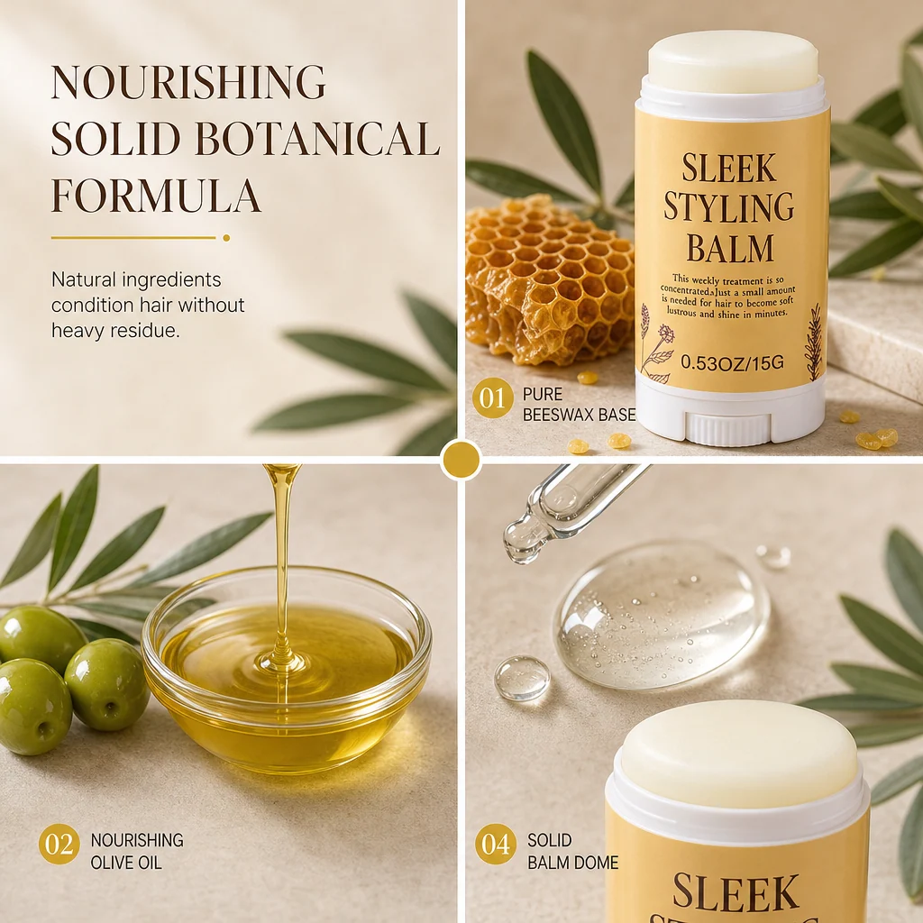 Solid hair styling formula featuring beeswax and conditioning ingredients