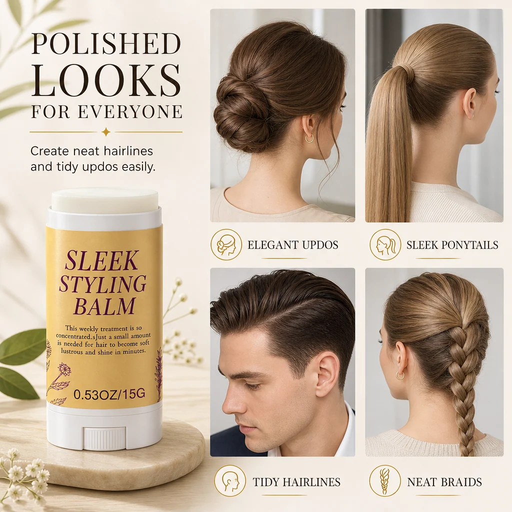 Neat professional-looking hairstyle achieved with flyaway hair styling stick