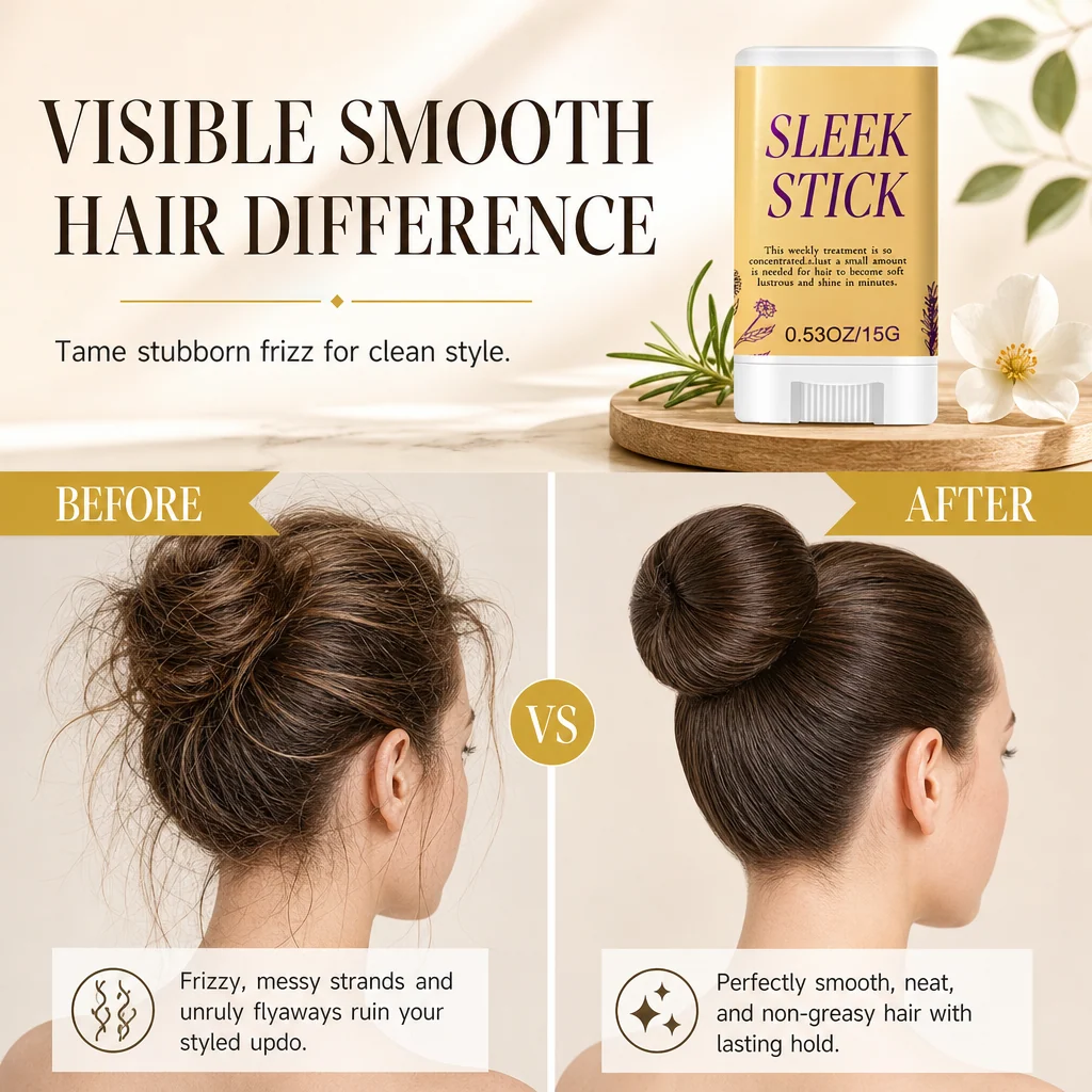 Visible difference between frizzy flyaway hair and a smooth polished finish