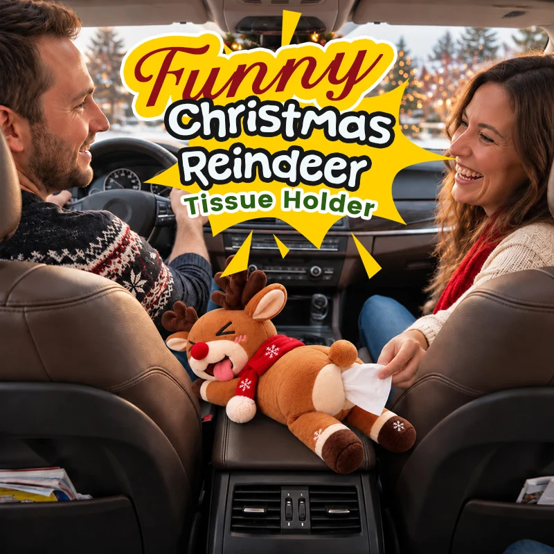 Funny Christmas reindeer tissue holder with a playful tongue-out expression