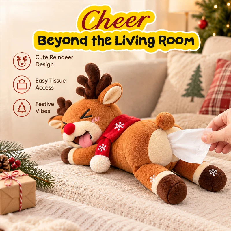 Close-up of the reindeer with antlers, red nose and tongue-out grin