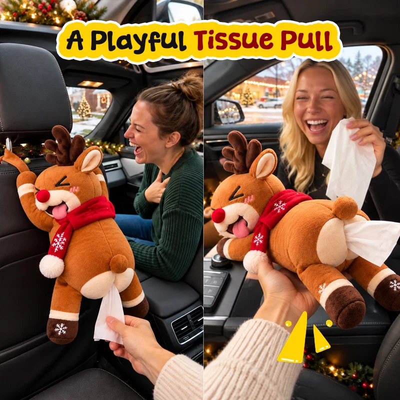 Reindeer tissue holder showing tissues pulled from the opening at the rear