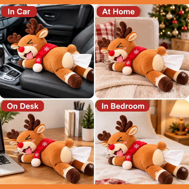 Funny reindeer tissue holder displayed as playful seasonal decor