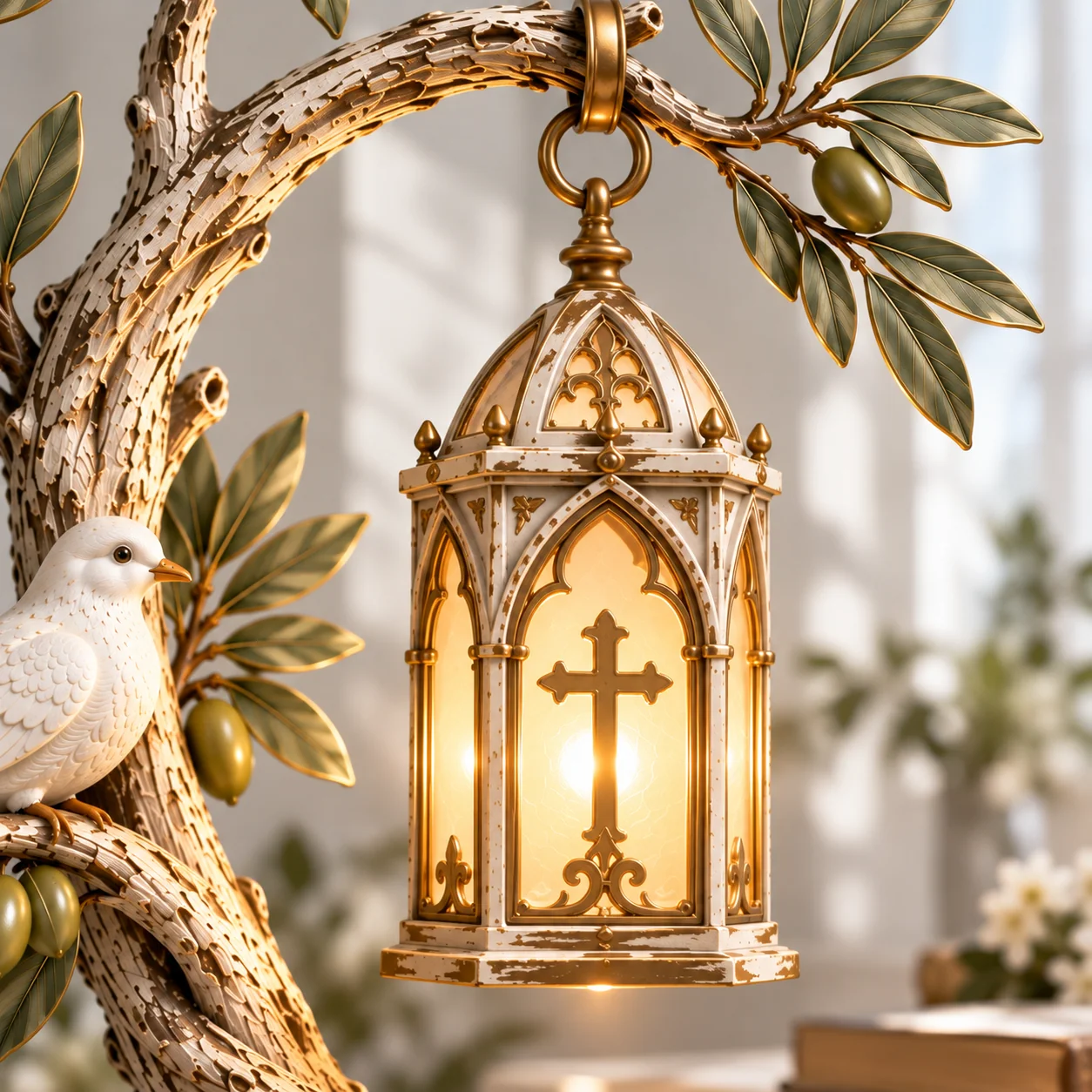 Detailed glowing ivory and antique gold Gothic cross lantern hanging from olive branches