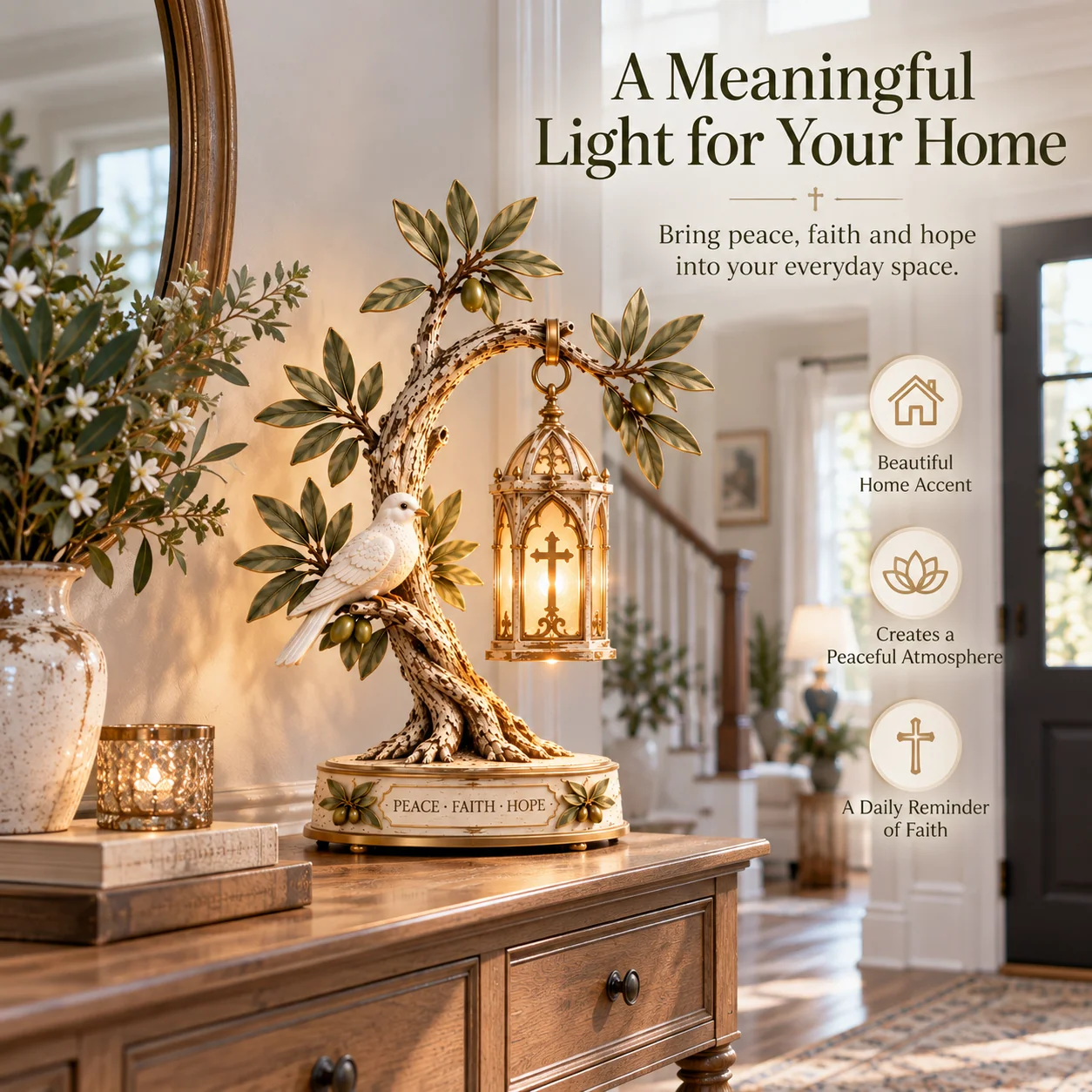 Promise of Peace olive tree lamp on a wooden entryway console in an elegant home