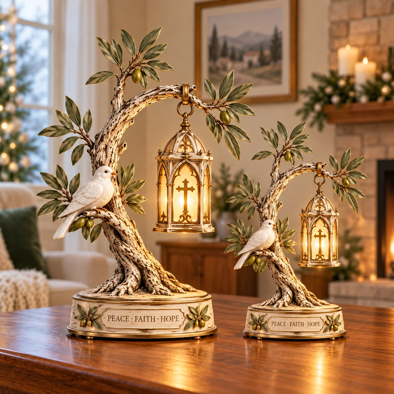 Promise of Peace olive tree cross lantern decorations in large and small sizes displayed together