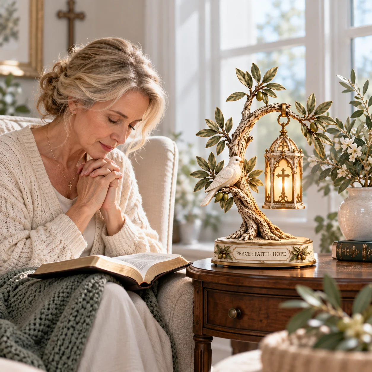 A woman praying beside an olive tree and illuminated Christian cross lantern