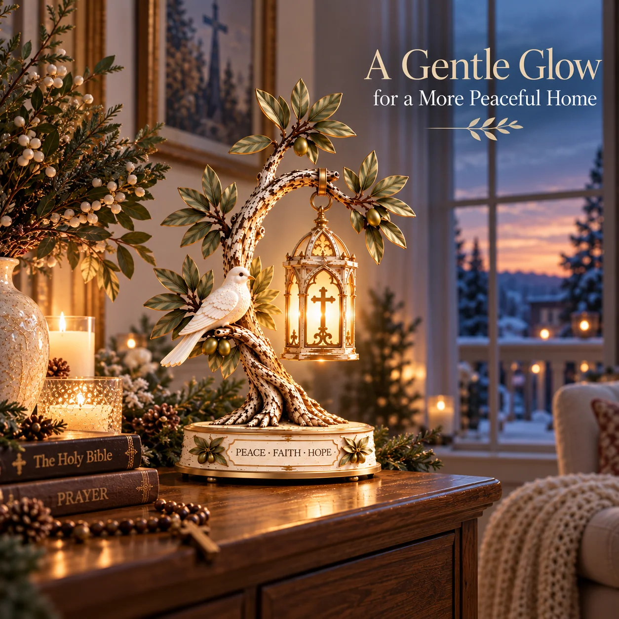 Olive tree dove and hanging cross lantern softly illuminated in a peaceful evening home