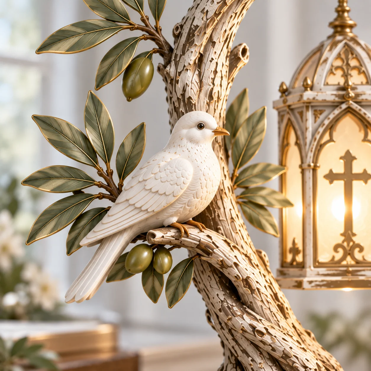 Close-up of the white dove resting among sculpted olive branches and olive fruit