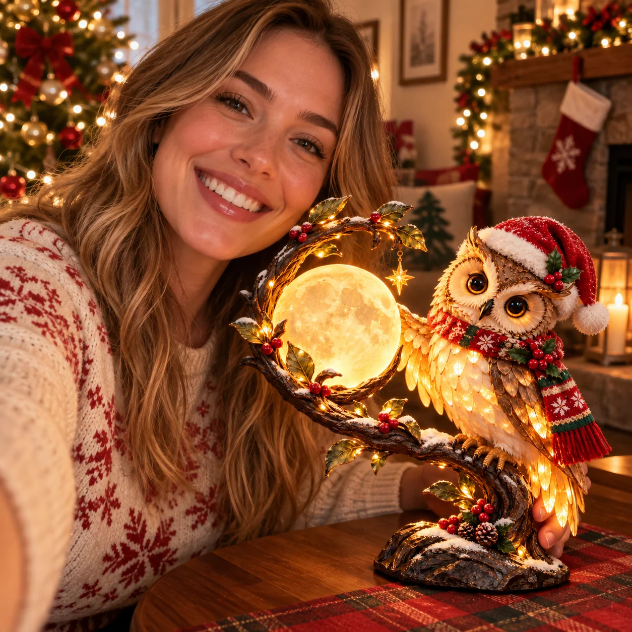 Moonkeeper Owl illuminated Christmas owl and moon lamp