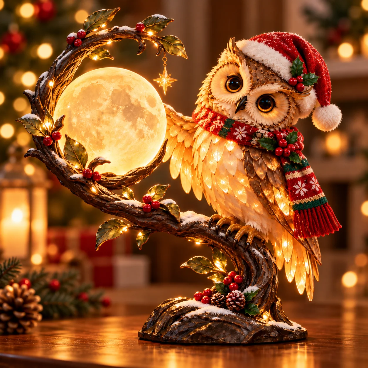 Moonkeeper Owl lamp displayed beside Christmas decorations in a cozy living room