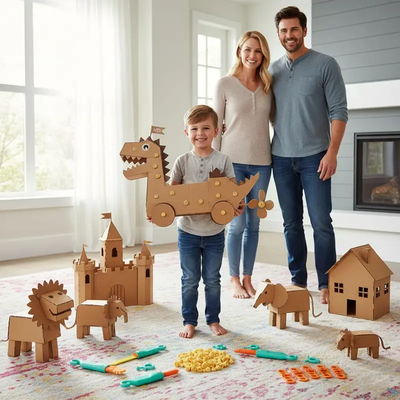 Children's cardboard building projects with dinosaurs, animals and imaginative models