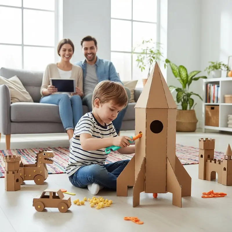Child working with a parent on a large cardboard rocket building project