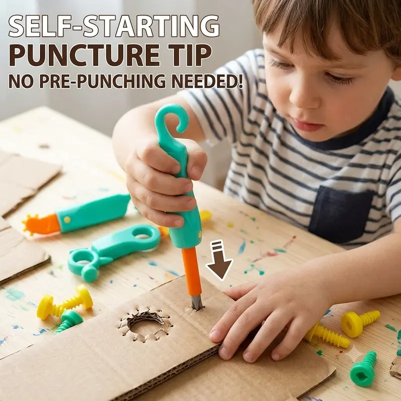 Cardboard building perforator and colorful reusable connectors shown during a craft project