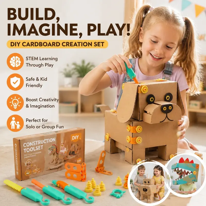 Child working on a cardboard dog craft using connectors and creative building tools