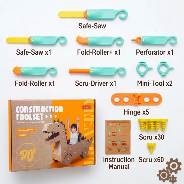 Cardboard construction tool kit showing a saw, perforator, folding rollers, connectors, hinges and assembly tools