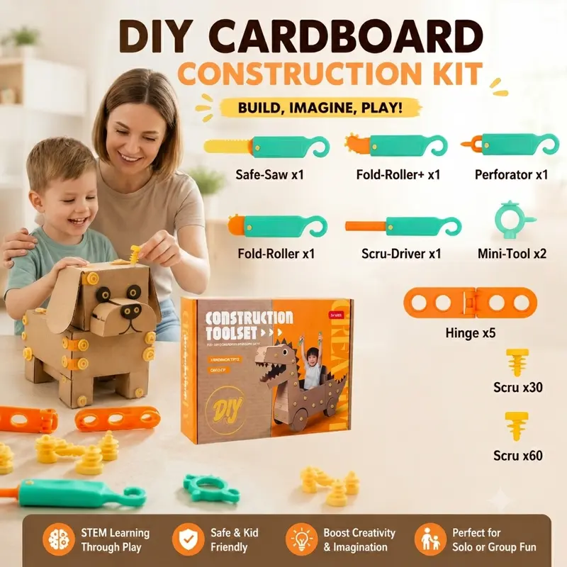 Overview of the pictured cardboard building tool set with colorful hand tools, connectors and illustrated instructions