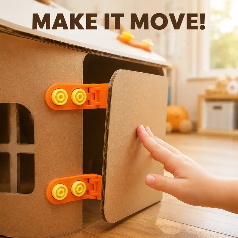 Close-up of cardboard hinges used to create an opening door in a handmade cardboard house