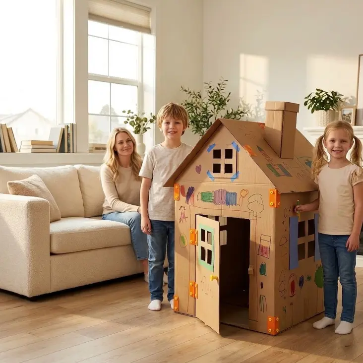 Two children beside a large handmade cardboard playhouse in a family living room