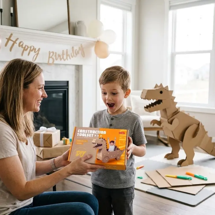 Child receiving a cardboard construction tool kit as a gift with a handmade dinosaur project nearby
