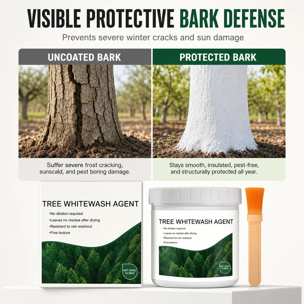 Illustrative comparison of coated and untreated tree trunks
