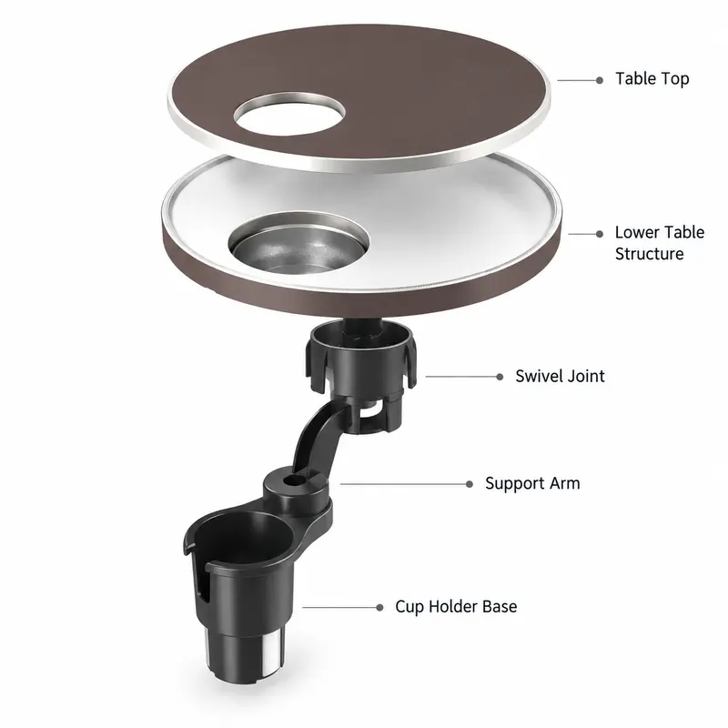 Car floating tray table support arm and mounting components
