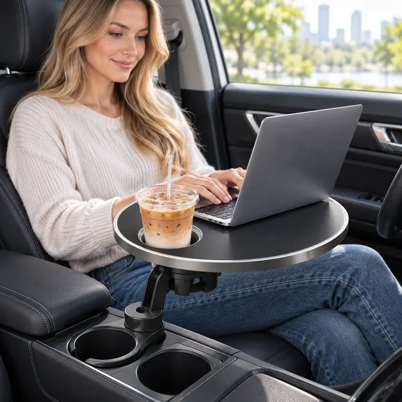 Car floating tray table for food and everyday essentials while parked