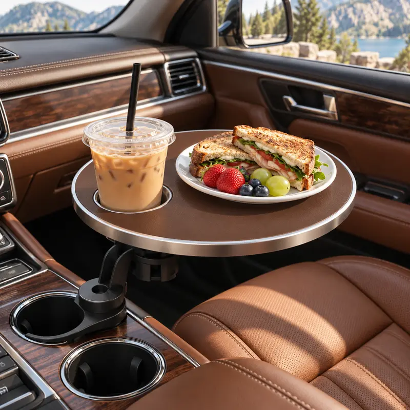 Car cup holder tray with tabletop and beverage placement