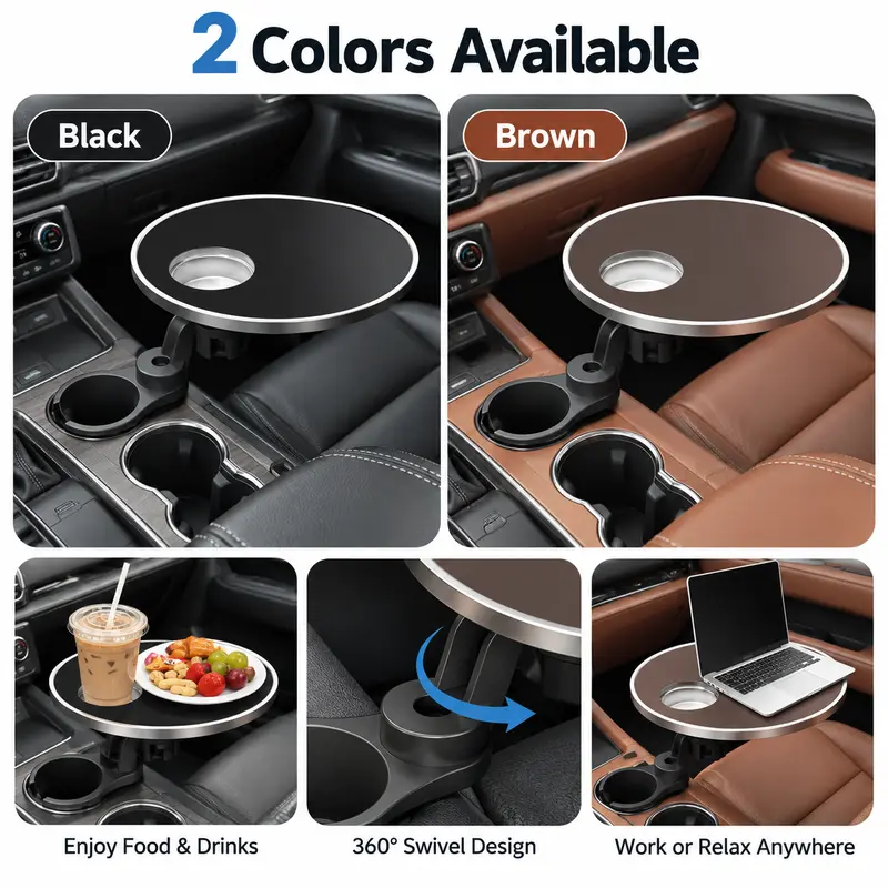 Adjustable swivel arm and round tabletop for car cup holder