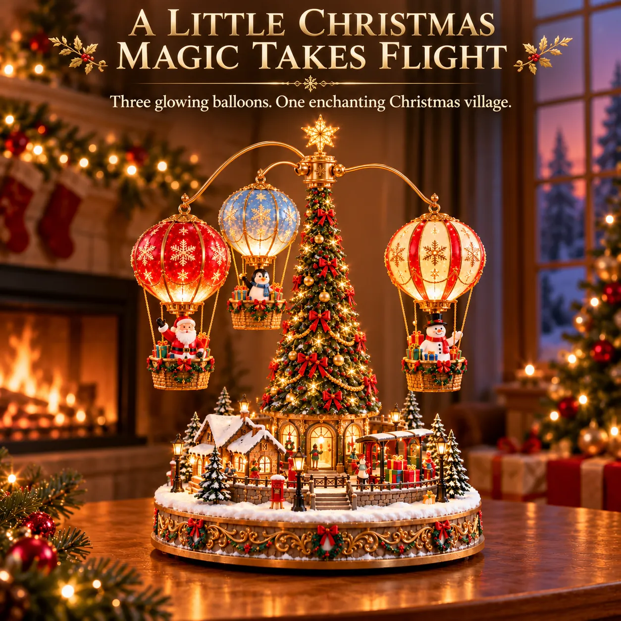 Lighted Christmas hot air balloon village with Santa Claus, a snowman and a penguin Lighted Christmas hot air balloon village with Santa Claus, a snowman and a penguin