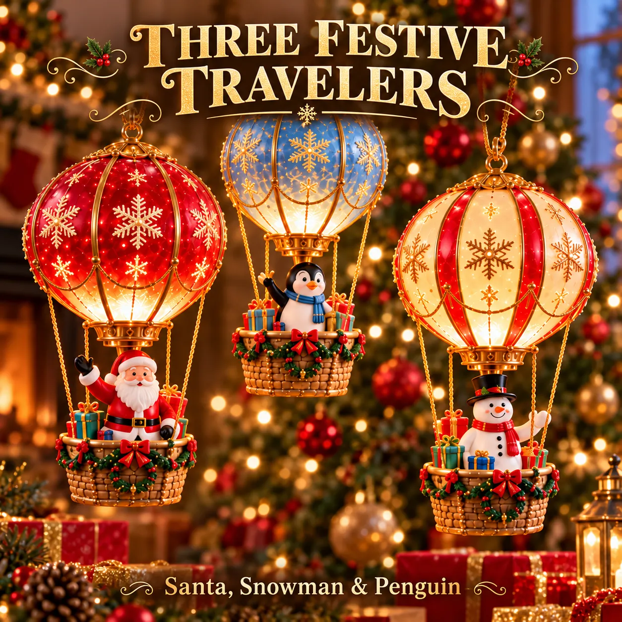 Santa Claus, a snowman and a penguin in decorated hot air balloon baskets Santa Claus, a snowman and a penguin in decorated hot air balloon baskets