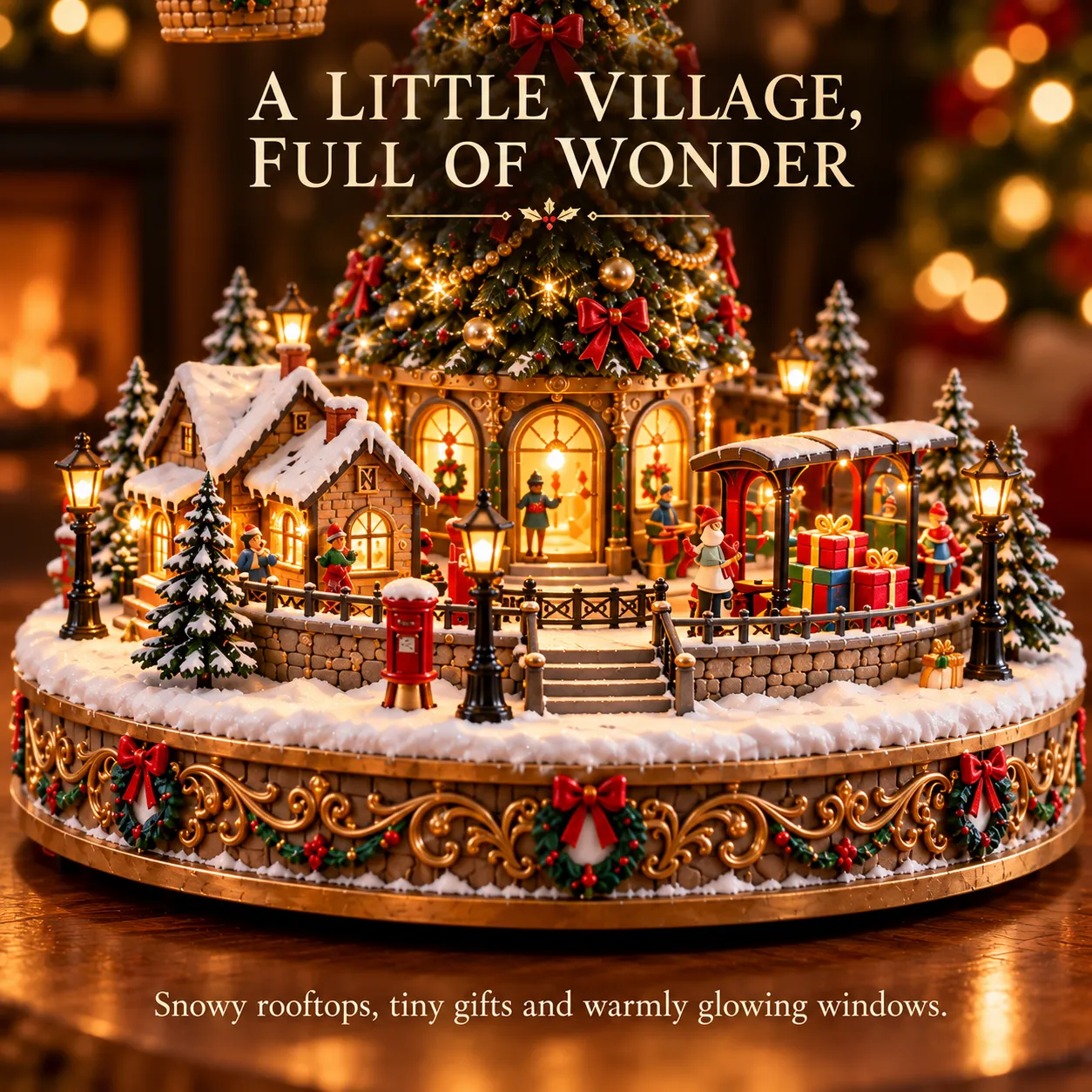 Detailed snowy Christmas village with glowing cottages, gifts and streetlamps Detailed snowy Christmas village with glowing cottages, gifts and streetlamps